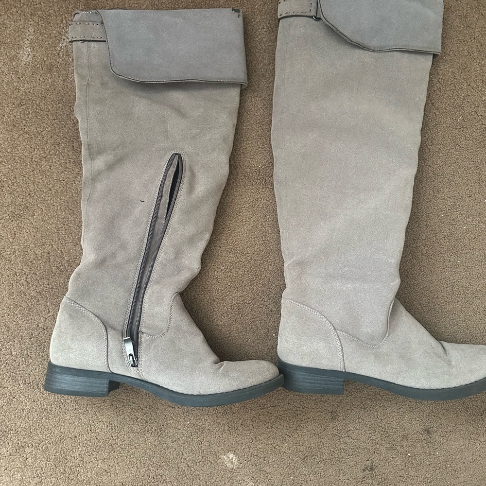 Gray Suede Knee-High Boots